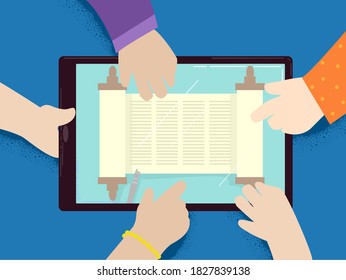 Illustration of Kids Hands Touching Torah Scroll inside Tablet or Mobile