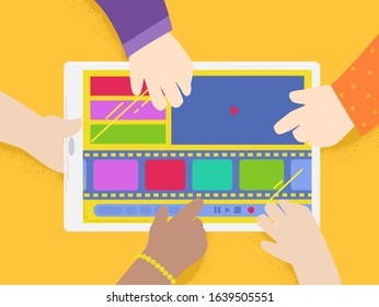 Illustration of Kids Hands Using Media Production App on Mobile or Tablet Computer, Editing Video