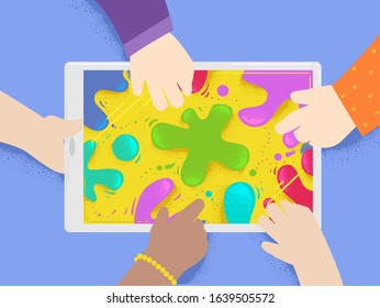 Illustration of Kids Hands Using Painting and Colors App on Mobile or Tablet Computer with Splats on Screen