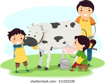 Illustration of Kids Happily Milking a Cow