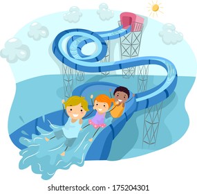 Illustration Of Kids Happily Sliding Down A Looped Water Slide