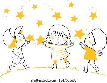 Illustration of Kids Having Fun Outdoors and Catching Stars