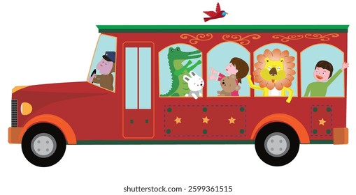 Illustration of kids having fun riding a retro bus.