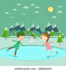 Illustration of kids having fun in the winter skating rink/Children ice skate/Children boy and girl on the winter ice-skating rink