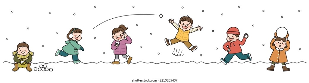 Ilustración de niños luchando con bola de nieve en invierno