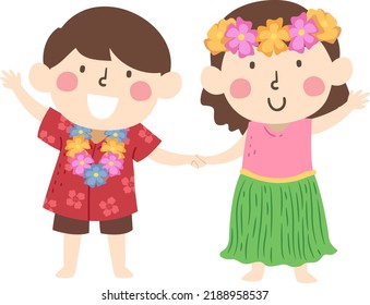 Illustration of Kids in Hawaiian Costume Greeting and Waving Hello