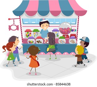 Ilustración de los niños que van a una tienda de caramelos