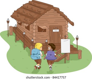 Illustration of Kids Heading to a Log Cabin