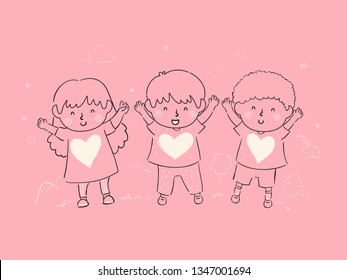 Illustration of Kids and Heart Doodles with their Hands Up. Raising Children Full of Love