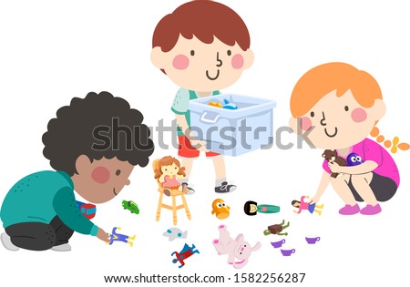 Illustration of Kids Helping to Pick Up Toys and Put in a Container ストックフォト © 