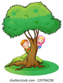 Illustration of kids hiding at the big tree on a white background