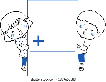 Illustration of Kids Holding an Addition Flash Card with Blank Space and Plus Operator