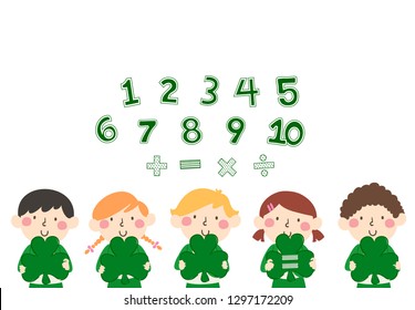 Illustration of Kids Holding Big Green Clovers with Space for the Numbers and Math Operators