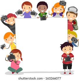 Illustration of Kids Holding Cameras Surrounding a Blank Board