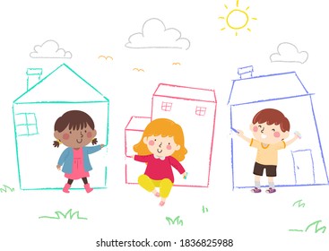 Illustration of Kids Holding Chalks and Drawing their Houses in the Neighborhood