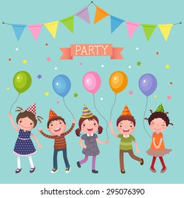 Illustration of kids holding colorful balloons at a party