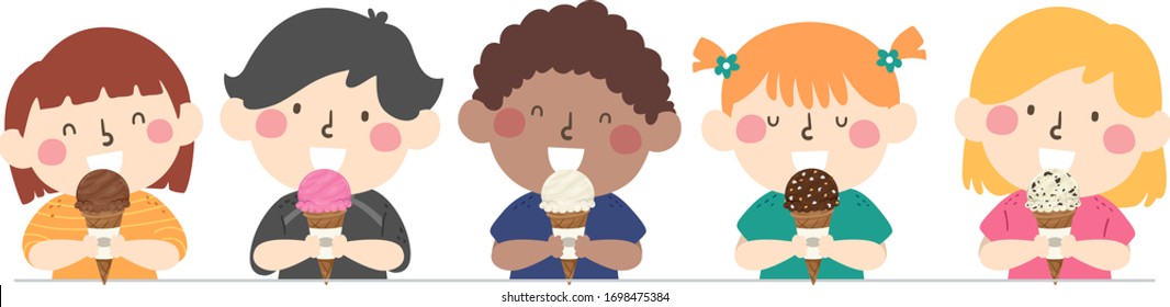 Illustration of Kids Holding a Cone and Eating Ice Cream of Different Flavors