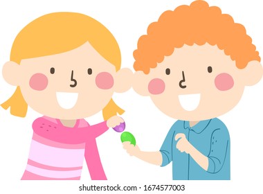 Illustration of Kids Holding Easter Egg and Playing Egg Tapping or Cracking Competition