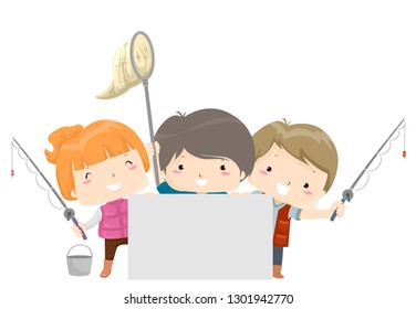 Illustration of Kids Holding Fishing Rod, Net, Pail and a Blank Board