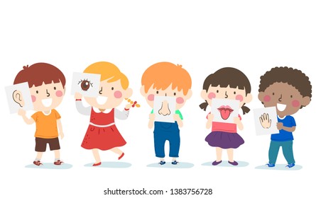 Illustration of Kids Holding the Five Senses Flash Cards from Hearing, Sight, Smell, Taste and Touch