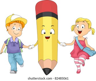 Illustration of Kids Holding Hands with a Pencil