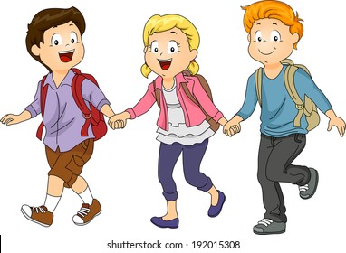 Illustration of Kids Holding Hands While Walking to School