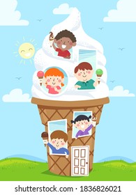 Illustration of Kids Holding Ice Cream Scoop on Cone From Inside a Sundae House