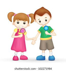 illustration of kids holding lollipop candy on white background
