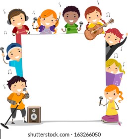 Illustration of Kids Holding Microphones Surrounding a Blank Board