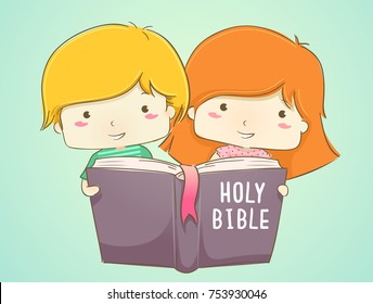 Illustration Of Kids Holding An Open Bible Book