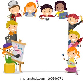 Illustration of Kids Holding Paintbrushes Surrounding a Blank Board