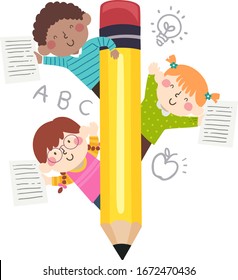 Illustration of Kids Holding a Paper with their Writings and Standing Behind a Pencil