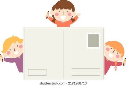 Illustration of Kids Holding Pencils Peeking From the Back of Postcard
