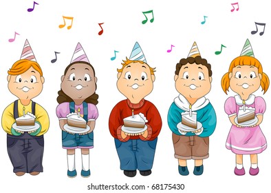 Illustration of Kids Holding Slices of Cake with Birthday Candles on Top