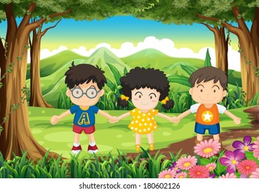 Illustration of the kids holding their hands at the forest