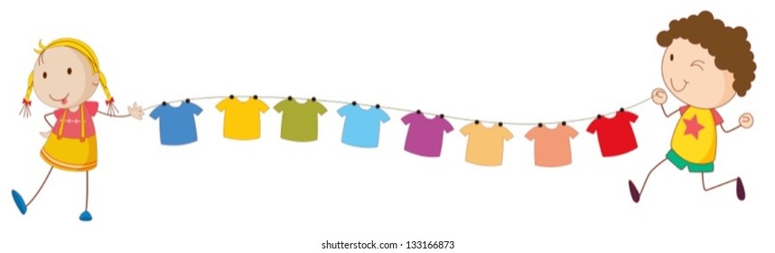 Illustration of the kids holding the tips of the wire for the hanging clothes on a white background