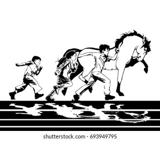 Illustration of kids and horse  running on a white background