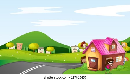 illustration of kids and a house in a beautiful nature
