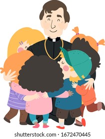 Illustration of Kids Hugging a Priest Kneeling Down to Return their Hugs