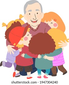 Illustration of Kids Hugging their Grandfather. A Senior Man Happily Hugging His Grand Kids