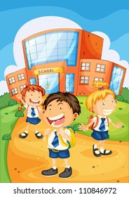 ilustración de un niño frente a la escuela