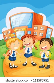 illustration of a kids infront of school building