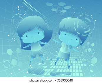 Illustration of Kids Inside the Virtual Reality. Abstract Design.
