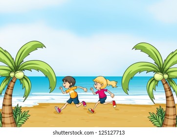 Illustration of kids jogging along the seashore