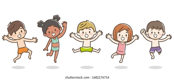 Illustration of kids jumping in swimwear