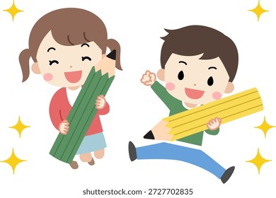 Illustration of kids jumping while holding large pencils