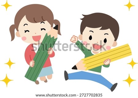Illustration of kids jumping while holding large pencils