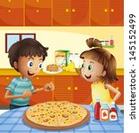 Illustration of the kids at the kitchen with a whole pizza at the table