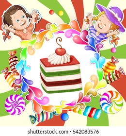 Illustration of kids with kiwi and cherry cake and lots of candies