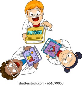 Illustration of Kids in Lab Gowns and Goggles Showing their Physics Books
